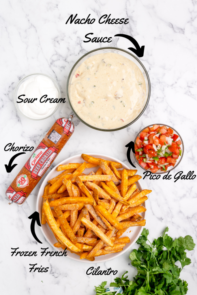 ingredient shot with cheese sauce fries pico de gallo cilantro and chorizo on a marble surface