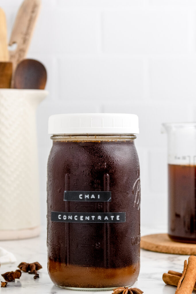 homemade chai concentrate in a glass mason jar